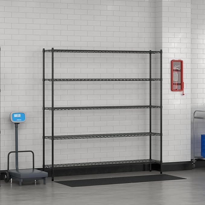 Commercial NSF Listed Black Epoxy Stationary Wire Shelving Kit 14" x 72" x 74", with 5 Shelves Perfect for Warehouse, Walk-in Refrigerator, Freezer, Grocery Store, Restaurant, Dishroom