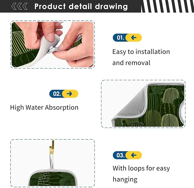 2 PCS Kitchen Sink Splash Guard 23.6 Inch Faucet Mat for Kitchen Sink Bathroom Sink Faucet Absorbing Drip Drain Mat Pad Microfiber Soft Washable Dark Green Cactus Plants