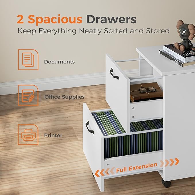 Sweetcrispy 2 Drawer Filing Cabinet White, Rolling Wood File Cabinets with Printer Stand Under Desk Storage Lockable Wheels, Home Office Organizer for A4 Letter Legal Size Documents