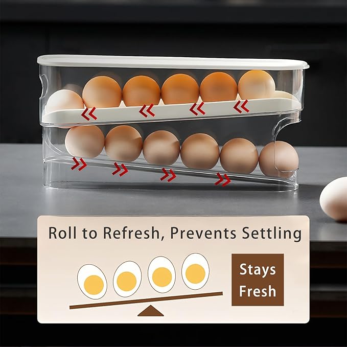 Innovative egg storage box with lid - 12-14 egg holder for fridge, clear egg cartons with auto-roll design, stackable egg rolls container for fresh eggs Large Clear Refrigerator Egg Holder