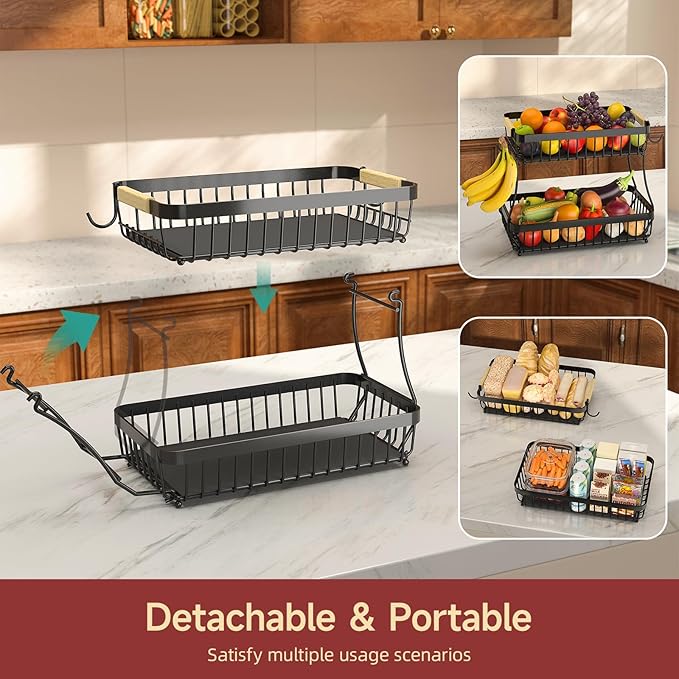 3 Tier Fruit Basket for Kitchen Counter with 2 Mobile Banana Hangers, 2026 Pro Detachable Metal Fruit Bowl with Wooden Handle, Fruit Holder for Bread Snack Veggies with Protective Mats