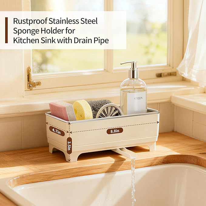 Sponge Holder for Kitchen Sink – Rustproof Stainless Steel, 360° Rotating Drain Pipe, Large Counter Organizer with Drip Tray for Sponges, Brushes & Dish Cloths White