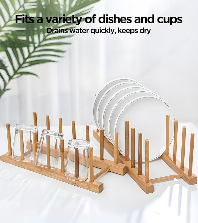 Bamboo Dish Drying Rack, 2-Pack Plate Organizer for Kitchen Cabinet, Vertical Plate Holders with 8 Compartments