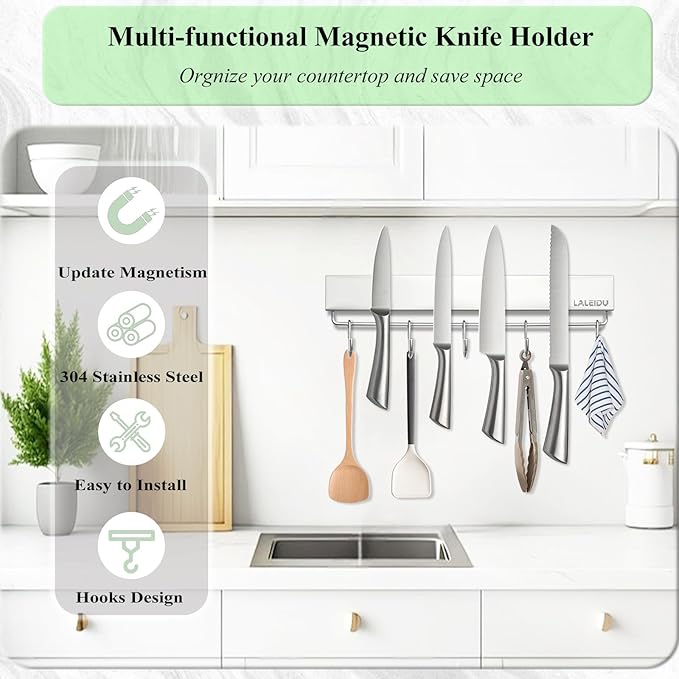 Magnetic Knife Holder for wall, 12 Inch Knife Magnetic Strip with 5 Hooks, Stainless Steel Knife Holder Magnet Rack for Kitchen Organizer, Mount with Adhesive or Screws