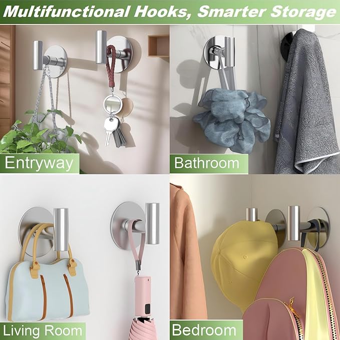 VINHOLD Heavy Duty Self-Adhesive Coat Hooks, Stainless Steel Towel Hooks for Bags, Towels, Robes, Hats, Aprons – No Drill Bathroom, Kitchen, Hotel Wall Hooks (2 Pack, Silver)