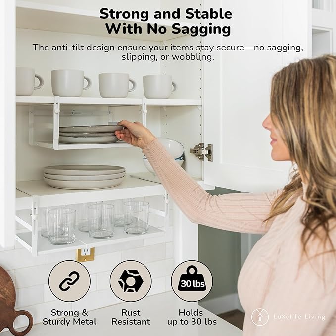 Under Shelf Storage Basket Organizer Expandable - Adjustable Width Height Cabinet Space Saver - Clip On Metal Hanging Rack - 30lb Capacity Kitchen Office Bathroom Declutter Solution - 2 Pack, White