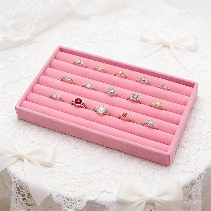 Velvet Jewelry Organizer Trays Pink Stackable Jewelry Storage Display Tray with Removable Dividers, 8 Rolls