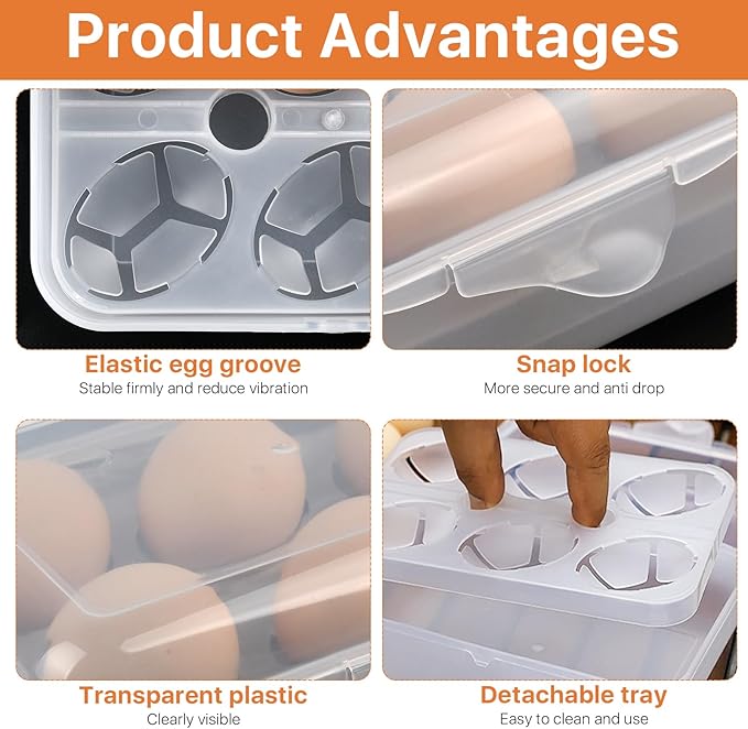 Boocalny 2 Pack 6 Grid Egg Holder, Plastic Egg Container for Fridge, Shockproof Leak-proof Egg Carrier, Portable Egg Tray Egg Storage Box for Camping Picnic Hiking Travel Outdoor (Clear White)