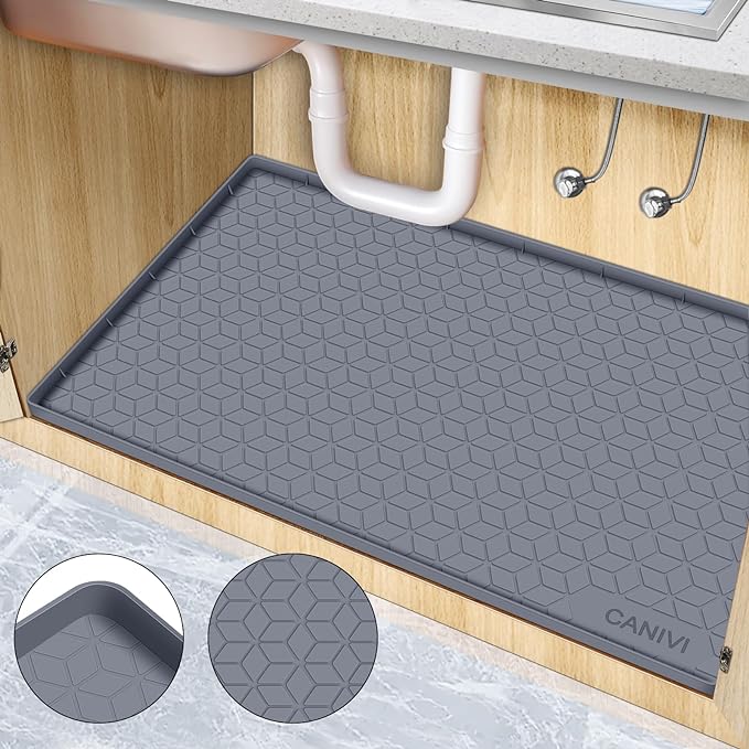 CANIVI Under Sink Mat, 28" x 22" Waterproof Silicone Under Sink Tray for Kitchen & Laundry Cabinets, Kitchen Cabinet Shelf Protector, Up to 3 Gallons Liquid, Fits 36 inch Standard Cabinet (Blue Grey)