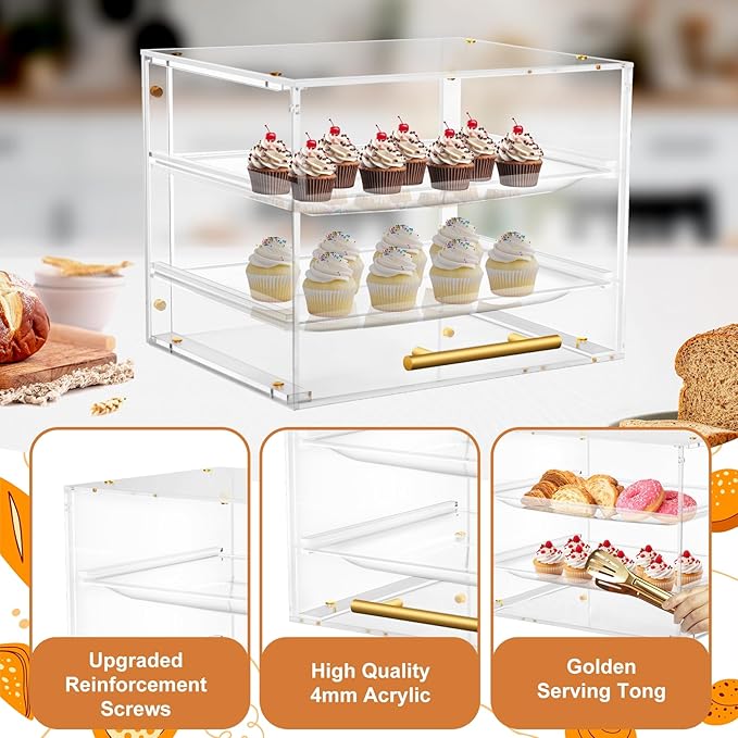 Acrylic Pastry Display Case Countertop 2 Tier Bakery Display Case with Magnetic Door for Cookie Display, Dessert Display, Cake Display, Clear Bread Box for Home and Commercial Kitchen