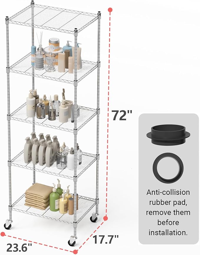 Garage Shelving with Wheels, 5 Tier Shelving Unit and Adjustable Feet, 865 lb High Capacity Rolling Storage Shelf for Kitchen, Office, Dining Room, Garage(23.6"x 17.7"x 72"), Chrome