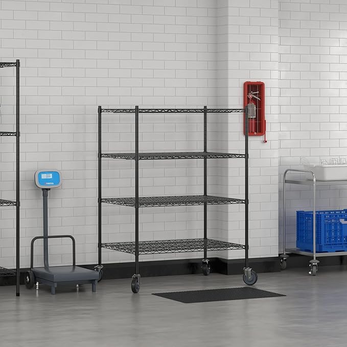 Commercial NSF Listed Black Epoxy Mobile Wire Shelving Kit 30" x 42" x 60", with 4 Shelves Perfect for Warehouse, Walk-in Refrigerator, Freezer, Grocery Store, Restaurant, Dishroom