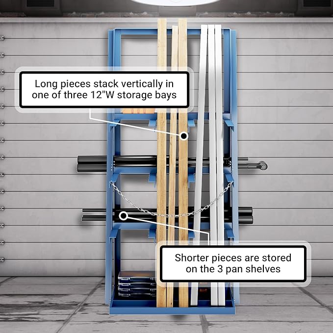 Vertical Bar Rack, 3000 Lb Capacity, 3 Bays Pipe and Lumber Storage Rack, Heavy Duty Standing Bar Storage Shelf with Safety Chains, Steel Long Parts Organizer Shelf, 39"D x 24"W x 84"H, Blue