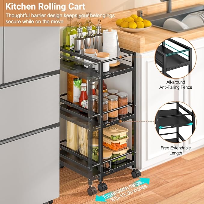 Expandable Slim Storage Cart for Small Space, 3-Tier Metal Rolling Kitchen Cart, Adjustable Narrow Laundry Cart, Small Shelving Unit with Wheels, Ideal for Kitchen Bathroom Laundry Room Living Room