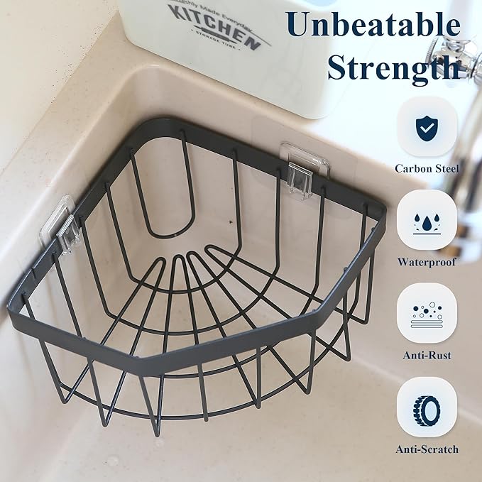 Sea Team Adhesive Corner Caddy, Sink Organizer, Soap, Drain Plug, Sponge Holder, Multifunctional Rustproof Carbon Steel Storage Basket, Wall Mounted Shelf Rack for Kitchen, Bathroom, Charcoal