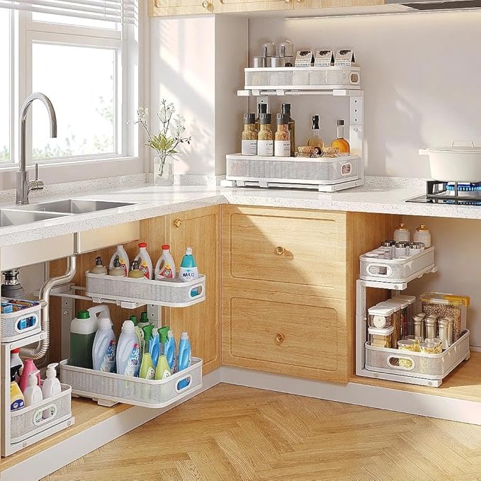 1 Pack 15.7IN-Depth Under Sink Organizer With Smooth Cylindrical Rail,2-Tier Pull Out Multi-Purpose Cabinet Storage for Bathroom&Kitchen,Height Adjustable,Rust-resistant Coating-White
