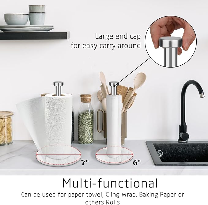 Paper Towel Holder Countertop with 7" Weighted White Marble Base,Modern Free Standing Paper Roll Holder, Brushed Nickel Finish Stainless Steel Stand Paper Towel Holder for Kitchen and Bathroom
