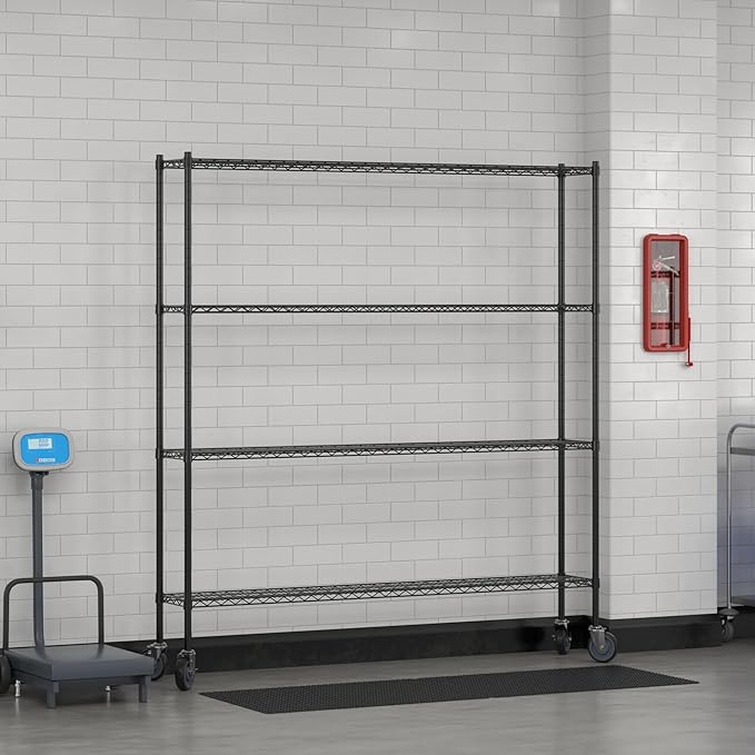 Commercial NSF Listed Black Epoxy Mobile Wire Shelving Kit 12" x 72" x 80", with 4 Shelves Perfect for Warehouse, Walk-in Refrigerator, Freezer, Grocery Store, Restaurant, Dishroom