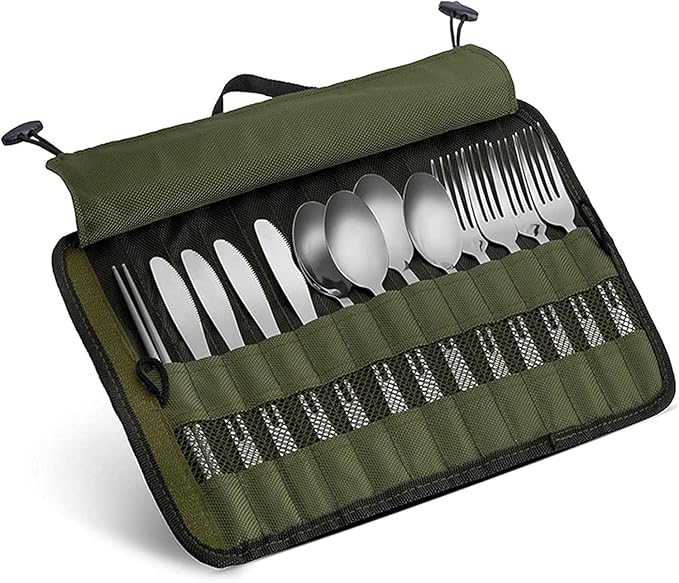 Cutlery Storage Bag,Portable Polyester Roll Up Pouch Bag For Forks, Spoons, Chopstick,Water Resistant Storage Kitchen Cooking Utensil Set Travel Organizer, Army Green