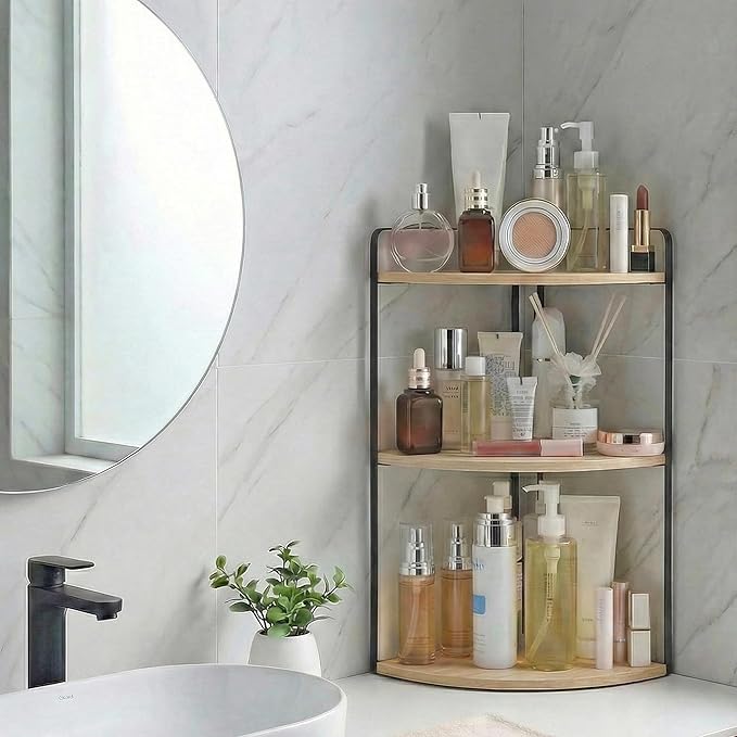 3 Tier Corner Bathroom Counter Organizer, Countertop Organizer, Vanity Organizers, Bathroom Storage Sink Shelf, Wooden Counter Shelf, Perfume Organizer for Makeup Tray (Large Capacity-Rustic Walnut)