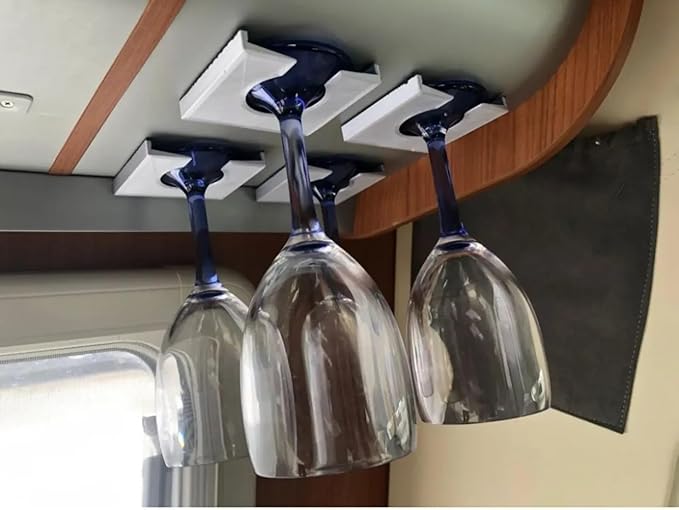 RV Wine Glass Holder for Campers, Ceiling Mount Stemware Rack with 3M Adhesive, Under Cabinet Storage Solution for Motorhomes, Van Conversions, Travel (2, White)