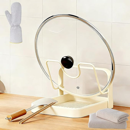 Kitchen Pot Lid Storage Rack, Multifunctional Stainless Steel Lid Holder with Removable Drip Tray & Spoon Rest, Pot Cover Organizer for Countertop and Stove Top Cooking (Beige, Single-layer)
