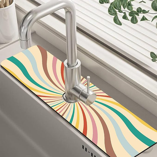 Groovy Retro Swirl Kitchen Sink Splash Guard Mat Absorbent Fast Drying Mat Faucet Draining Mat Sink Splash Guard Behind Faucet Drip Catcher for Kitchen Bathroom 5.5"×24"