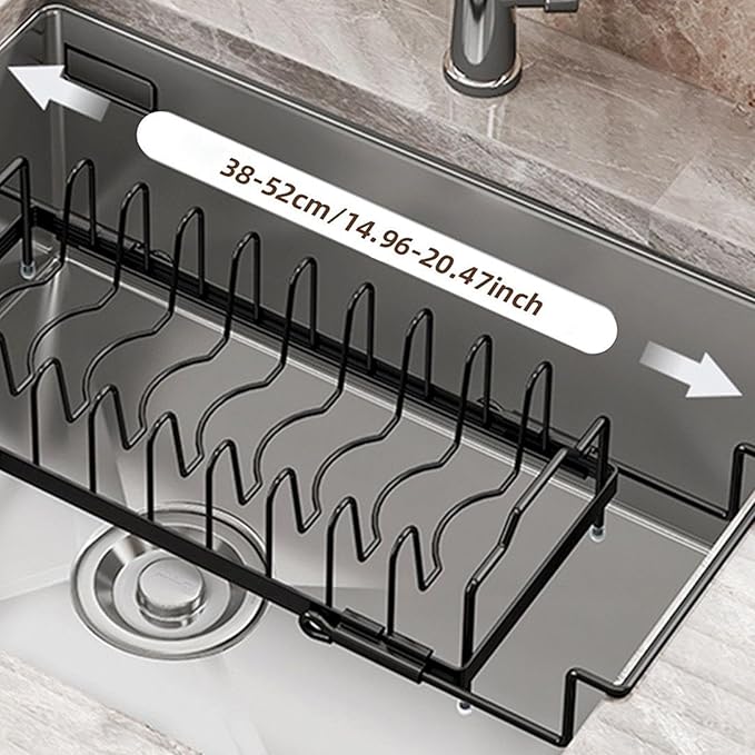 Dish Drying Rack, Retractable Sink Drainer, Adjustable Non Slip Organizer for Kitchen Counters Apartment RV Farmhouse Use Holding Pots Pans Utensils, Space Saving Design for Daily Cleaning
