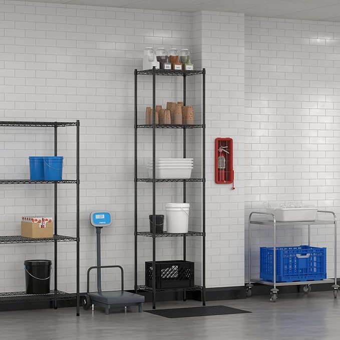 Commercial NSF Listed Black Epoxy Stationary Wire Shelving Kit 18" x 24" x 96", with 5 Shelves Perfect for Warehouse, Walk-in Refrigerator, Freezer, Grocery Store, Restaurant, Dishroom