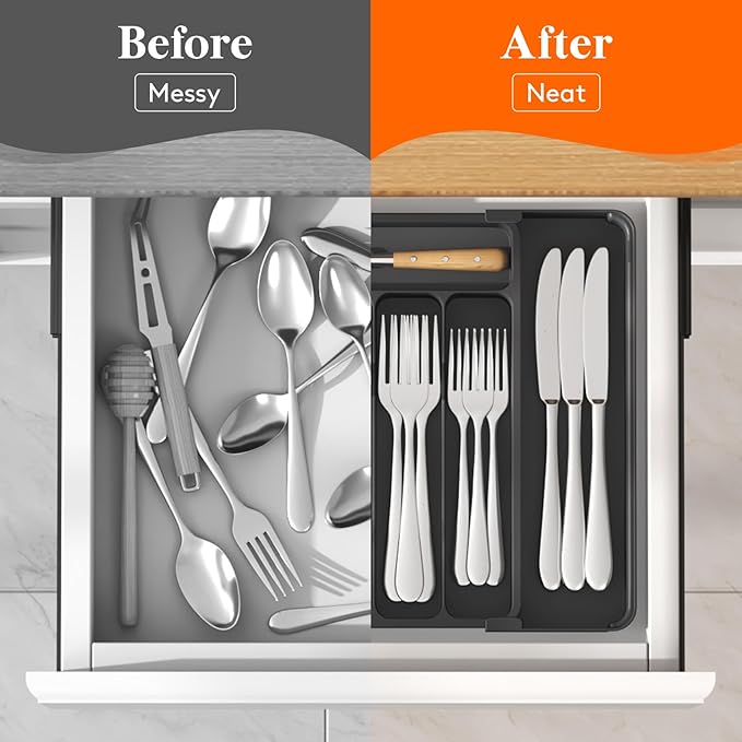 Lifewit Expandable Utensil Tray for Kitchen Drawer, Adjustable Silverware Organizer, BPA Free Plastic Cutlery Holder for Spoons Forks Knives, Black, Fits 8 to 14 Inch