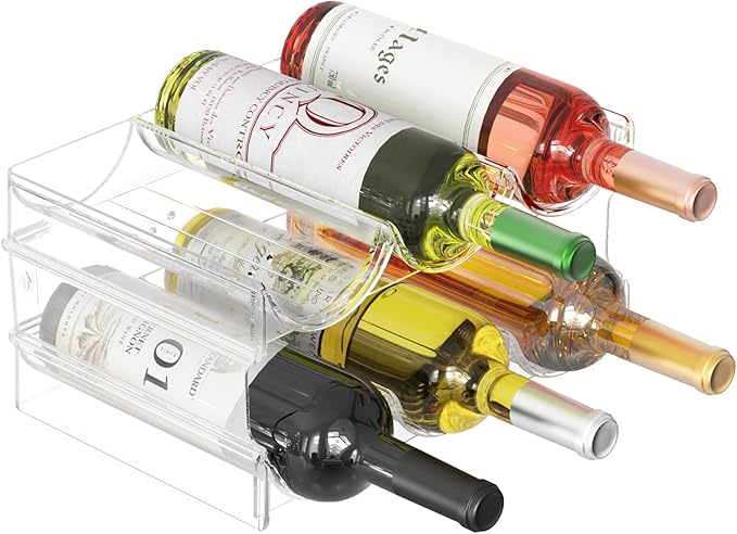 Plastic Water Bottle Organizer and Wine Rack Storage Holder,2 Tier 6 Containers Stackable Free-Standing Bottle Storage Rack for Kitchen Countertops, Table Top, Pantry, Bars, Cabinets, Fridge - Clear