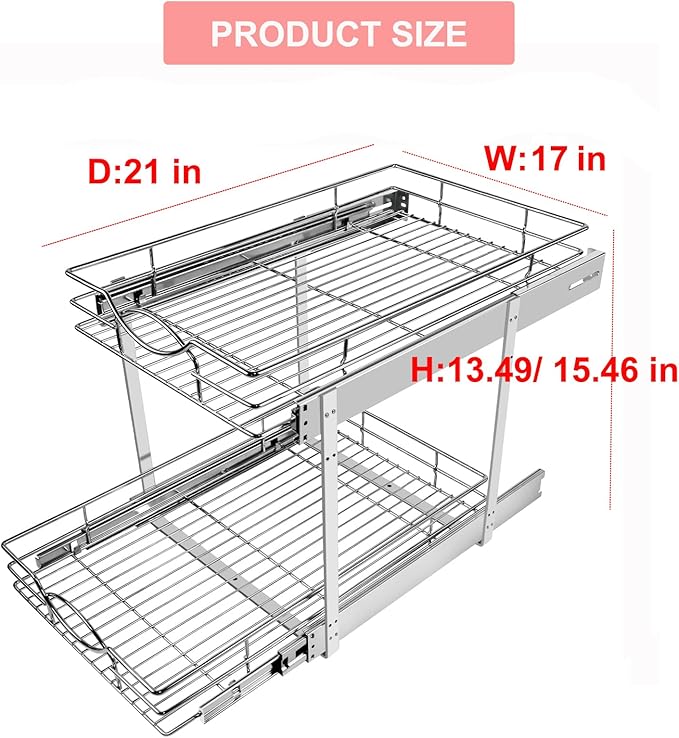 Pull Out Cabinet Organizer 17" W x 21" D 2-Tier Individual Slide Out Drawer Pantry Shelf Storage for Kitchen Base Cabinet Organization for Kitchen, Bathroom, Pantry, Chrome