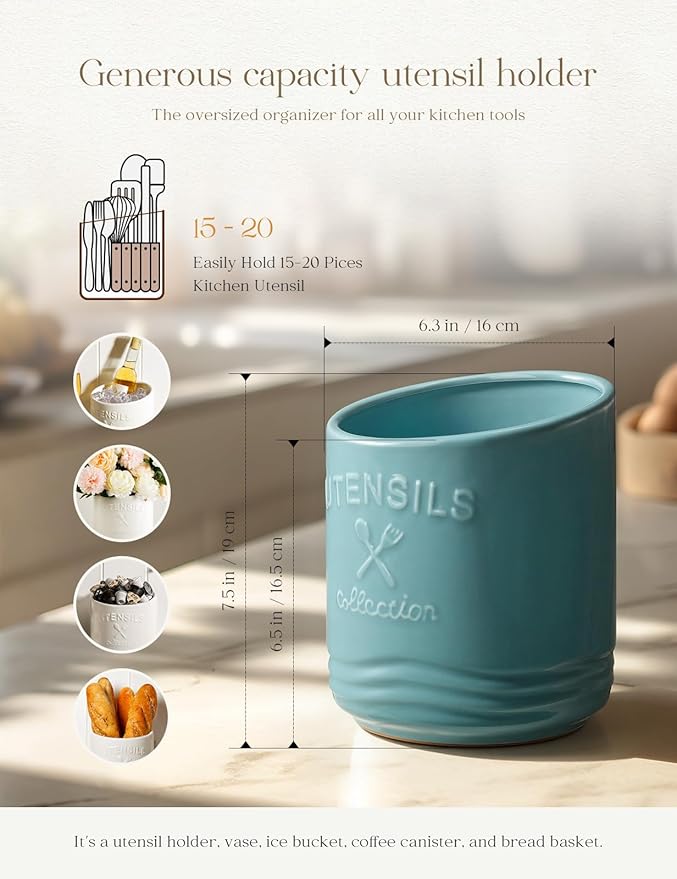 AISBUGUR Large Ceramic Utensil Holder 7.5" H×6.3" W with Slanted Mouth - Utensil Crock with Non-Slip Cork Base for Kitchen Counter, Ideal for Decor & Gift,Blue