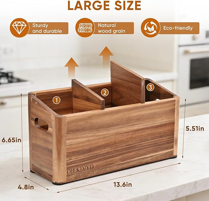 Wooden Utensil Holder for Kitchen Counter - Large Utensil Organizer with 3 Compartment, Cooking Tool Crock & Farmhouse Kitchen Accessories