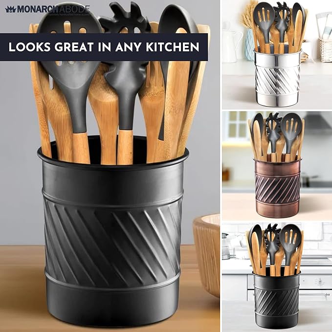 Monarch Abode Kitchen Utensil Holder – Wave Embossed Metal Nickel Chrome Utensil Holder, Decorative Utensil Crock for Kitchen Counter, Cooking Tool and Spatula Holder for Countertop, Caddy Organizer