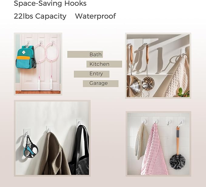 Adhesive Wall Hooks,Heavy Duty Hooks for 22lb, Clear No Drill Wall Hooks for Tile Glass, Waterproof & Removable, Home, Bathroom, Kitchen, Office, and Outdoor 10 Pack