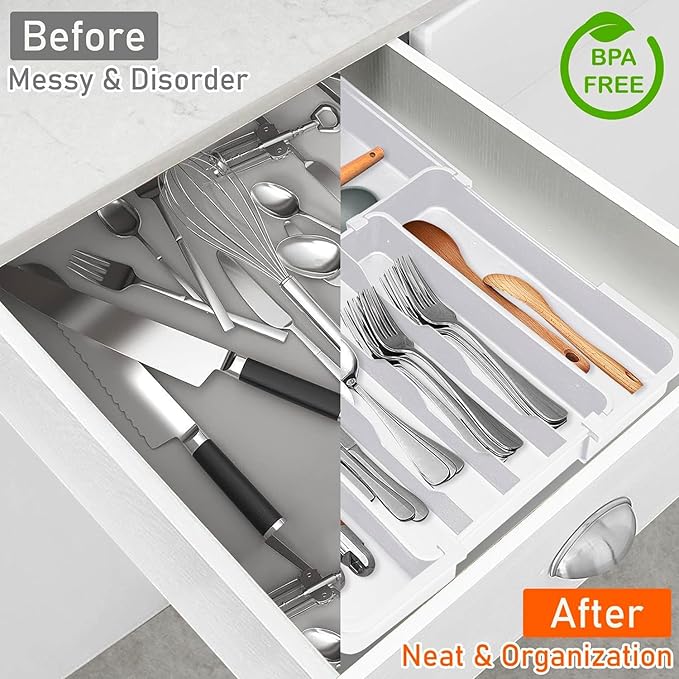 Silverware Organizer Expandable Utensil Drawer Organizer Adjustable Drawer Organizer, Flatware Cutlery Silverware Tray for Spoons Forks Knives Kitchen Organizers Storage (White)