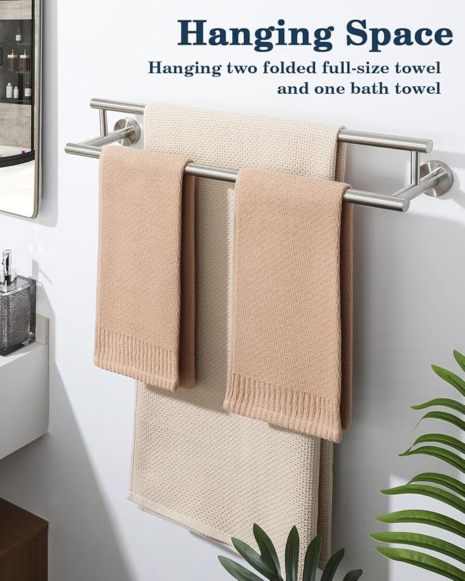 Alise Brushed Nickel Double Towel Bar,24-Inch Towel Rack for Bathroom Wall Mounted,SUS304 Stainless Steel Bathroom Towel Holder,Space-Saving Hand Towel Holder,Towel Rail Hanger for Wall, Kitchen