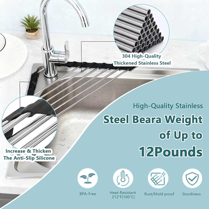 Credon Triangle Roll Up Dish Drying Rack Over The Sink, Foldable Multipurpose Corner Sink Caddy, Stainless Steel Anti Slip and Rust Proof Kitchen Sink Drainer Organizer, Small Space Solutions (Black)