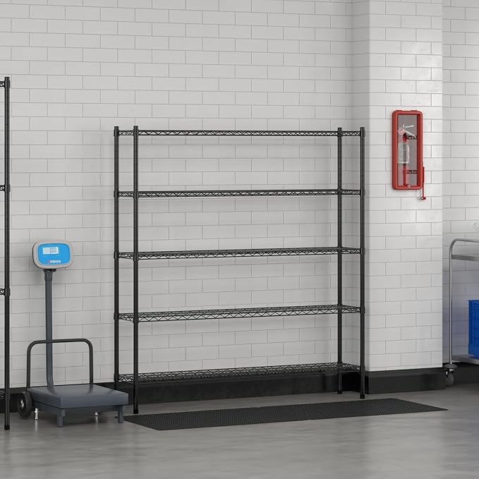 Commercial NSF Listed Black Epoxy Stationary Wire Shelving Kit 12" x 60" x 64", with 5 Shelves Perfect for Warehouse, Walk-in Refrigerator, Freezer, Grocery Store, Restaurant, Dishroom