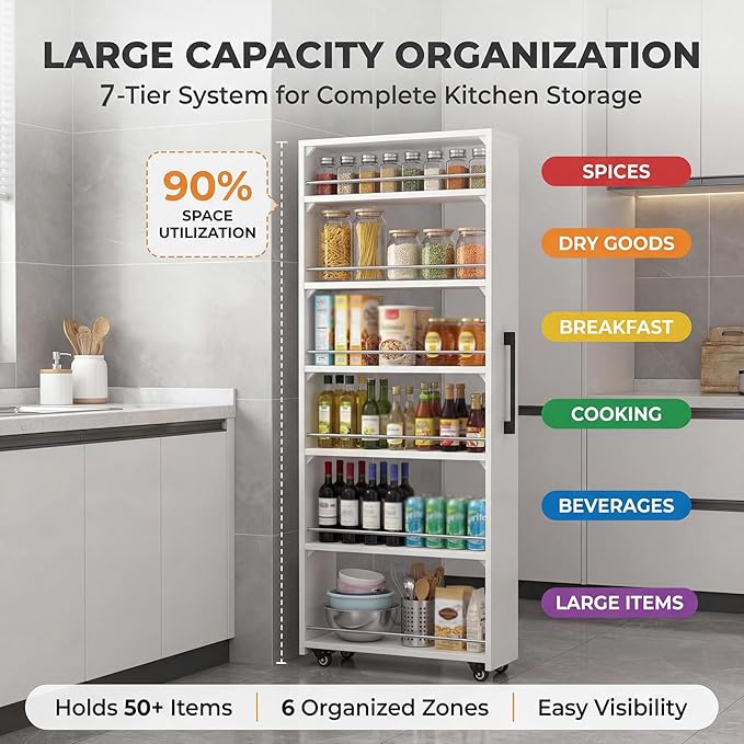 7 Tier Slim Rolling Storage Cart With Wheels,narrow Spice Rack Organizer Cabinet Next To Fridge,space-saving Wood Storage Organizer For Kitchen,pantry,laundry(D 17.72 x H 72.4 x W 7.87 IN, White)