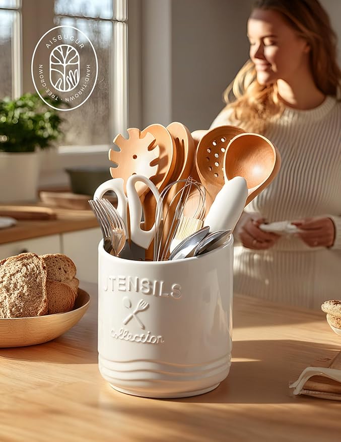 AISBUGUR Large Ceramic Utensil Holder: 7.5" H×6.3" W with Slanted Mouth - Utensil Crock with Non-Slip Cork Base for Kitchen Counter, Ideal for Decor & Gift, White