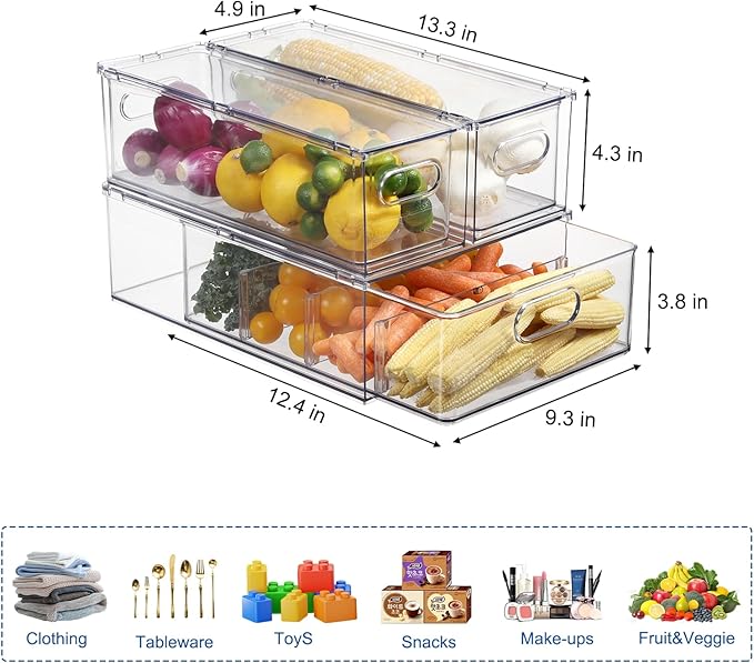 Bronkeeper Fridge Drawer Pull Out Stackable Bins, Clear Refrigerator Stackable Organizers, Fridge Organizer Storage for Kitchen, Pantry, Vegetables, Fruits (2 Small + 1 Large)