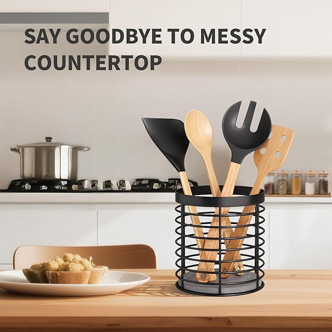 Utensil holder - Large Round Utensils Holder with Diatomaceous Base Matte Black Cooking Utensil Holder,Kitchen countertop Utensil Organizer (Metal)