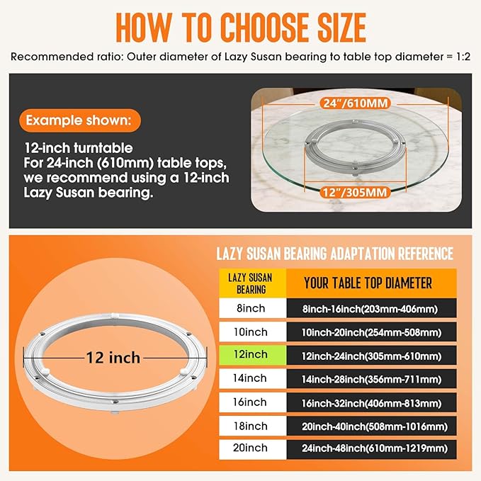 Lazy Susan Hardware, Heavy Duty Lazy Susan Bearing & Swivel Turntable - 12 Inch Rotating Bearing Plate for Round Dining Table, Smooth Swivel Mechanism