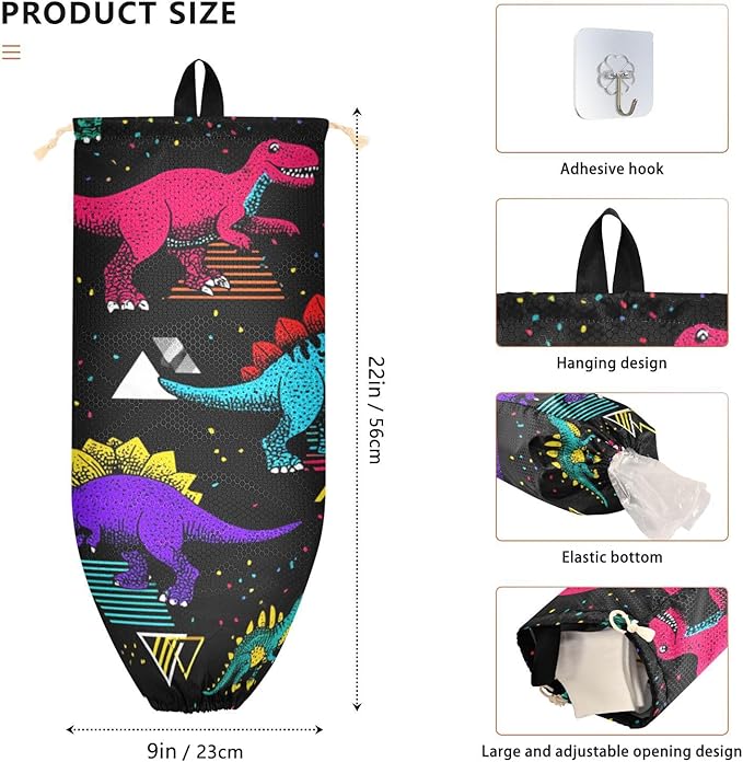 Plastic Bag Holder Wall Mount Grocery Bag Shopping Bag Storage Holder Organizer Dispenser with Adhesive Hook,for Kitchen Bathroom Home Decor 9x22 Inches Retro Memphis Geometry Dinosaurs22