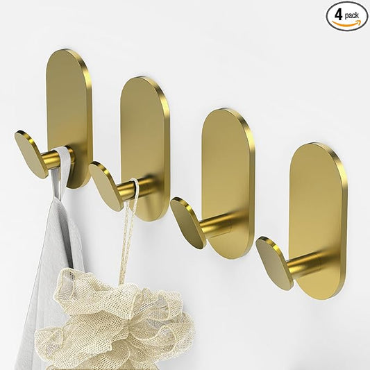 Adhesive Towel Hooks for Bathrooms 4 Pack Brushed Gold Stainless Steel and Zinc Alloy Sticky Wall Hooks for Hanging Heavy Duty Self Adhesive Robe Shower Hanger for Kitchen, Closet, Cabinet, Door