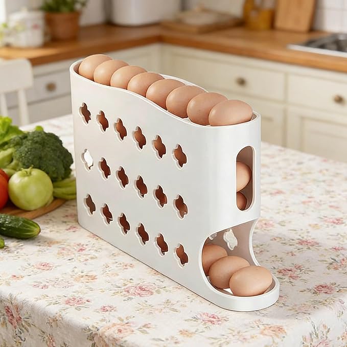2026 Egg Holder for Fridge, Eggs Dispenser Auto Rolling, No Assembly Required Easy Access, for Refrigerator Tilted Design Kitchen Organizers and Storage Eggs Rack (White)