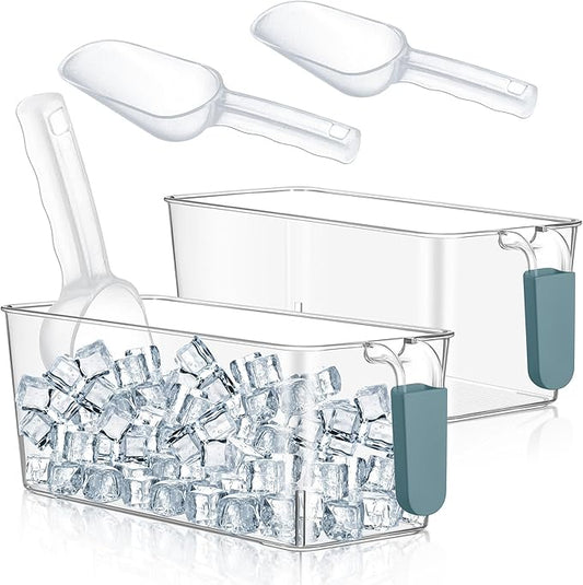 Havawish 2 Set Ice Bin and Flexible Scoop Set Plastic Freezer Ice Bin with Pull out Handle Clear Storage Bucket for Container with Bucket Scoop(Dark Blue,10.83 x 4.92 x 4.33 in)