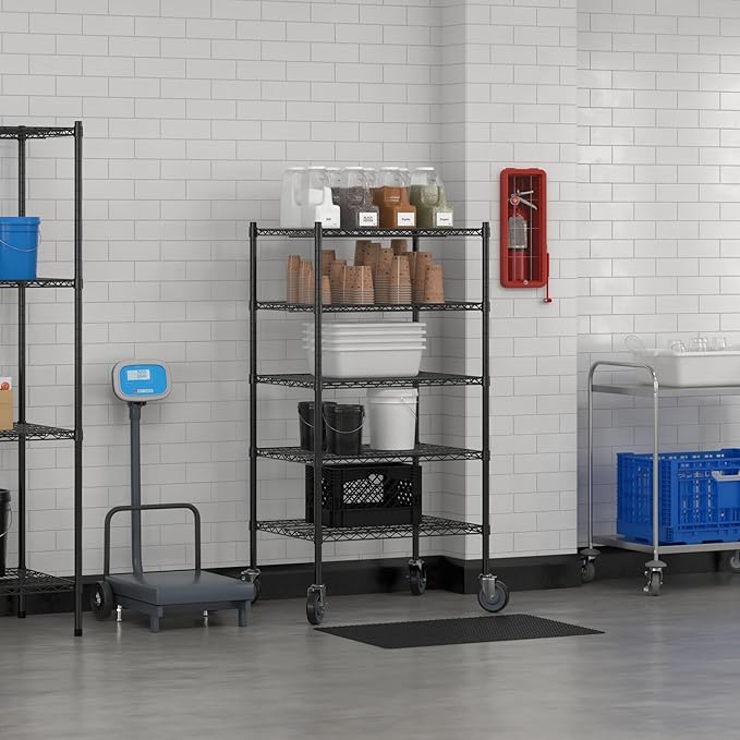 Commercial NSF Listed Black Epoxy Mobile Wire Shelving Kit 24" x 30" x 60", with 5 Shelves Perfect for Warehouse, Walk-in Refrigerator, Freezer, Grocery Store, Restaurant, Dishroom